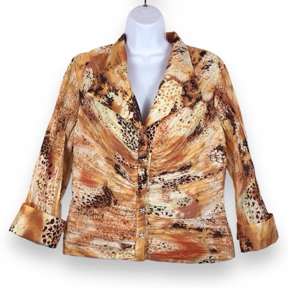 VICTOR COSTA Crinkle Satin Button Up Jacket Top Rhinestone Buttons size 10